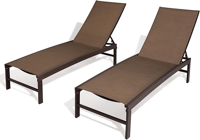 Patio Aluminum Chaise Lounge Chair, Set of 2 Outdoor Recliner Lounge Chair Sun Loungers, All Weather Chaise with 5 Adjustable Backrest and Lay Flat Positions for Garden, Balcony, Pool