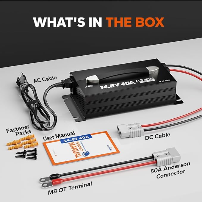 LiTime 14.6V 40A Lithium Battery Charger, Mountable for 12V LiFePO4 Battery with Handle and LED Indicator, AC-DC Smart Charger for 12.8V LiFePO4 Batteries, 40A Fast Charging for RVs, Home