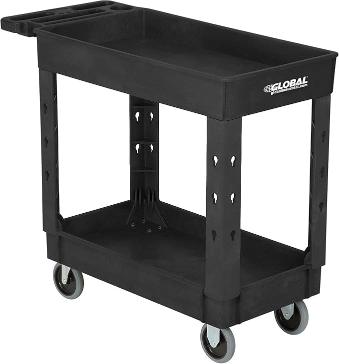 Global Industrial Industrial Service & Utility Cart, Plastic 2 Shelf Tray Black, 38” x 17-1/2”, 5" Rubber Casters