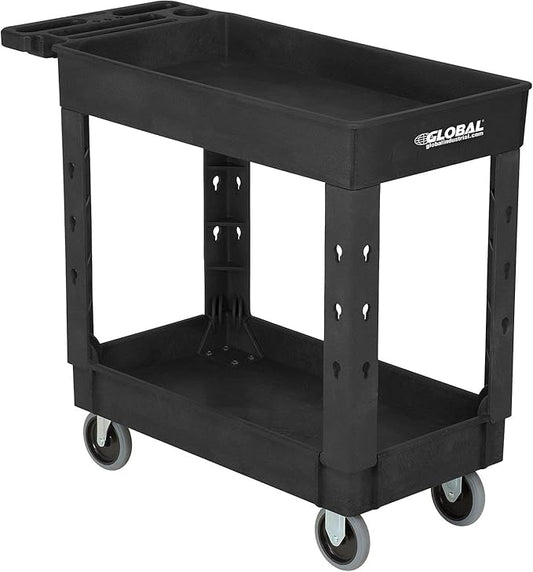 Global Industrial Industrial Service & Utility Cart, Plastic 2 Shelf Tray Black, 38” x 17-1/2”, 5" Rubber Casters