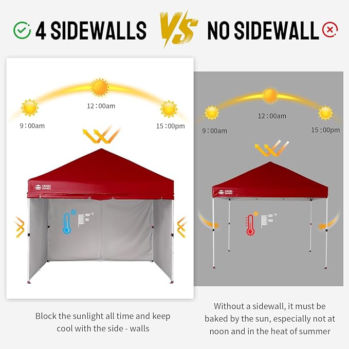 CROWN SHADES 10X10 Comercial Instant Canopy Pop Up Tent with Center Lock (10x10 with 4 Sidewalls, Red)