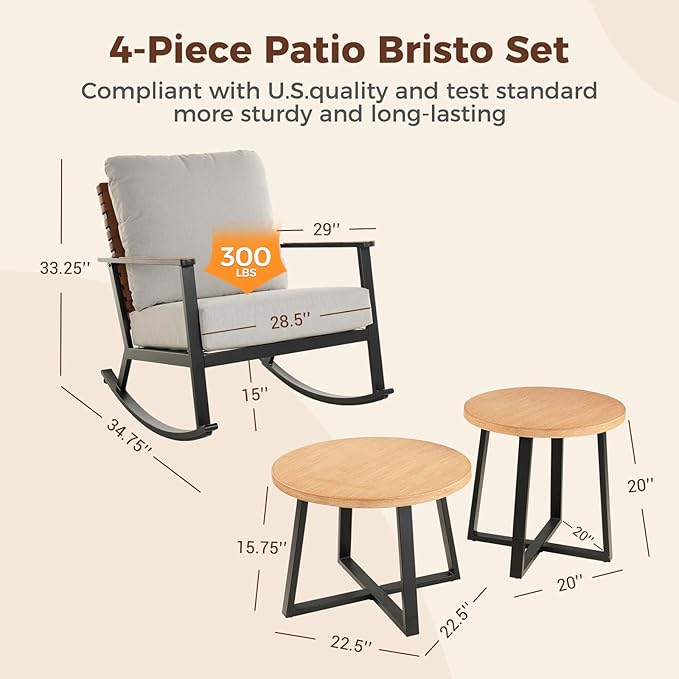 Grand patio Outdoor Rocking Chairs, 4-Piece Leather-Look Patio Wicker Bistro Set Outdoor Furniture Conversation Sets with 2 Chairs and 2 Faux Wood Grain Coffee Table, 4.75'' Grey Cushions