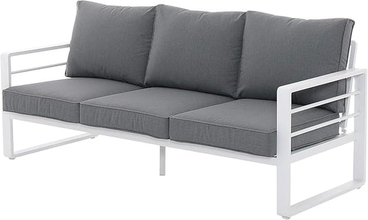 Patiorama Aluminum Patio Furniture Set, Outdoor Patio 3-Seater Sofa, 3 Seats Couch, All Weather White Metal Chair with Olefin Cushion, Deep Seating, 800 lbs Capacity, Deck, Garden-Grey Cushion