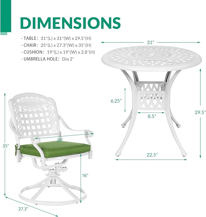 VIVIJASON 3-Piece Patio Bistro Set, Outdoor All-Weather Cast Aluminum Furniture Dining Set, Include 2 Swivel Rocker Chairs and 31" Round Table w/Umbrella Hole for Balcony, Lawn, Garden, White