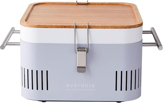 Everdure CUBE Portable Charcoal Grill, Tabletop BBQ, Perfect Tailgate, Beach, Patio, or Camping Grill, Lightweight & Compact Small Grill with Preparation Board & Food Storage Tray, Stone