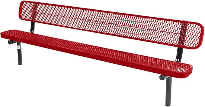 COATEDOUTDOORFURNITURE Coated Outdoor Furniture Heavy-Duty Outdoor Bench Thermoplastic Coated, Expanded Metal, Commercial-Grade Seating, Made in America (Inground with Back, 8 Ft, Textured Red)