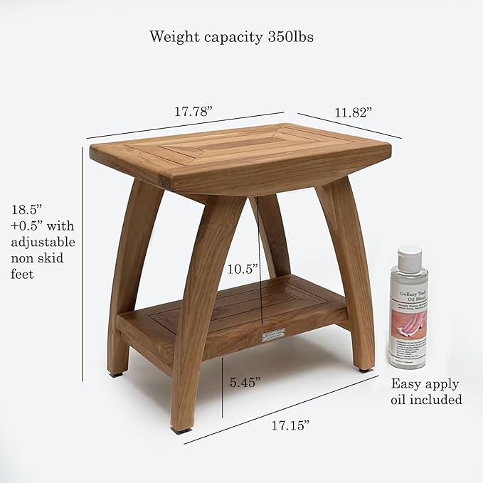 Indonesian Teak Shower Bench with Shelf 18 Inch Stool | Teak Wood Shower Stool & Spa| Waterproof Shower Bench for Indoor and Outdoor Use| Bathroom Stools for Adults Sitting