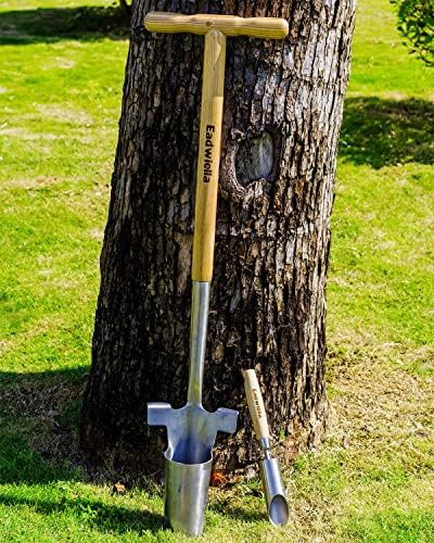 Long Handle Bulb & Grass Plug Planter, Pro Plugger with Depth Marker & Sharp Teeth, Solid Wood Handle