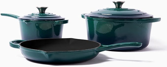 Larder & Vine 5-Piece Enameled Cast Iron Cookware Set - Includes 5.7 Quart Dutch Oven with Lid, 10.25 Inch Skillet, 2.2 Quart Saucepan with Lid (Bondi)