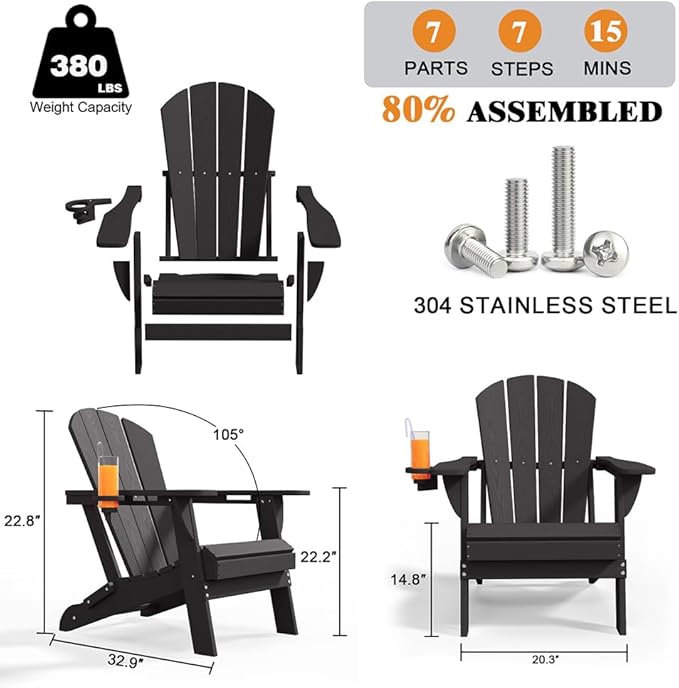 Folding Adirondack Chairs with Cup Holders, Set of 4 HDPE Plastic Outdoor Chairs, Weather Resistant, Real Wood Look, Heavy-Duty Patio Furniture for Deck, Fire Pit, Backyard, Black