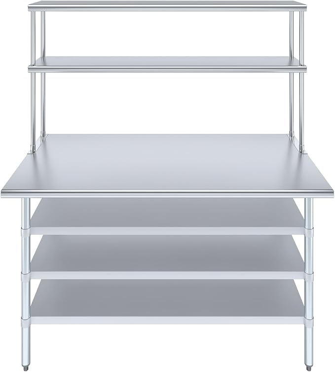 Amgood 30" x 60" Stainless Steel Work Table with 3 Shelves and 12" Wide Double Tier Overshelf | Metal Kitchen Prep Table & Shelving Combo | NSF