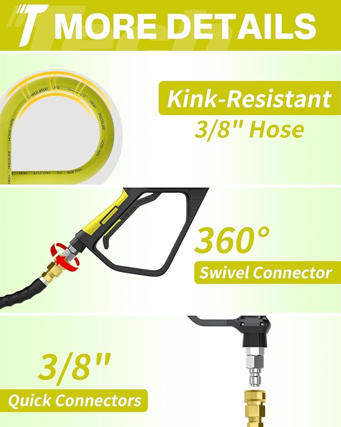 Pressure Washer Hose 75FT 3/8" for Cold and Hot Water 212°F, with Swivel Quick Connect, 4500PSI Kink Resistant Grade Steel Wire Braided, Power Washer Hose With 2pcs M22-14mm Adapter