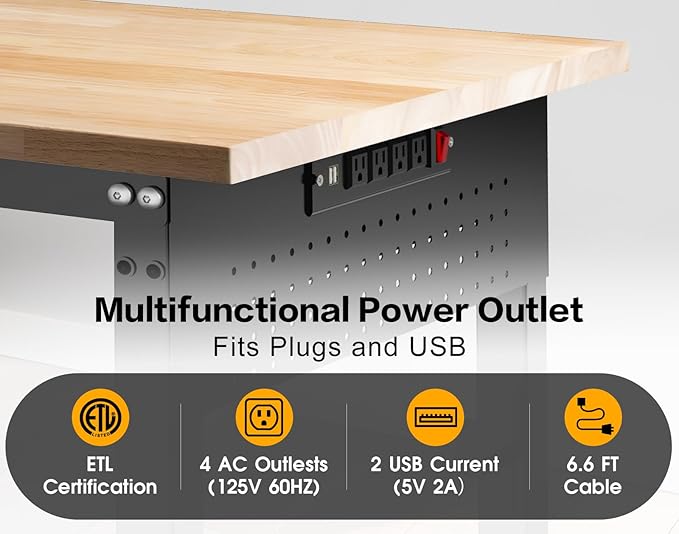 96” Heavy Duty Workbench, 5000 LBS Capacity Adjustable Work Bench with Pegboard and Power Outlet, Rubber Wood Work Table for Garage, Office, Workshop, Home
