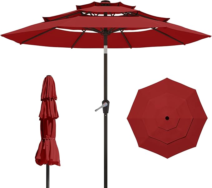 9FT 3 Tiers Patio Umbrella With Auto Tilt and Crank, Outdoor Table Market Umbrella with 8 Sturdy Ribs for Garden,Lawn,Deck,Backyard and Pool,Red