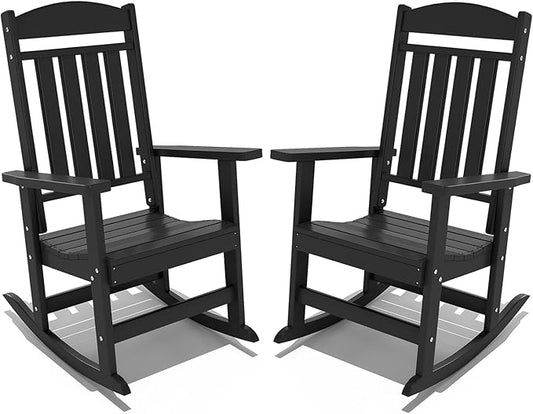 FOOWIN Outdoor Rocking Chair Set of 2, High Back Patio Rocking Chair, HDPE All Weather Resistant Porch Rocker for Adult, Oversized Rocking Chairs for Garden, Lawn, Indoor & Outdoor Use, Black