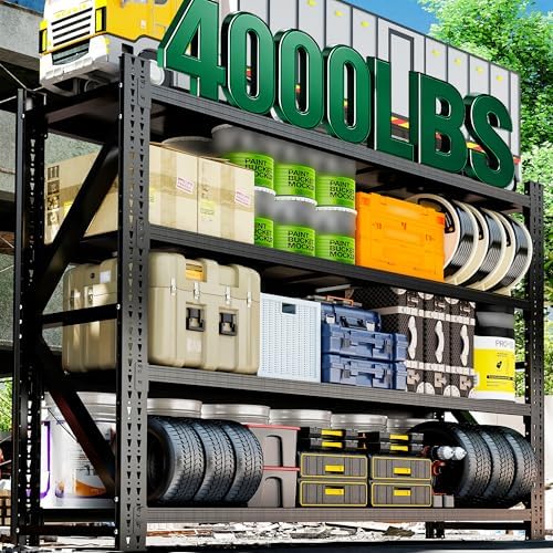 4-Tier Heavy Duty Garage Shelving,Industrial Shelving for Maximum Capacity,Garage Storage Racks Heavy Duty Steel Shelves,Ultra-Wide Metal Rack for 3‑Car Garages,Warehouses