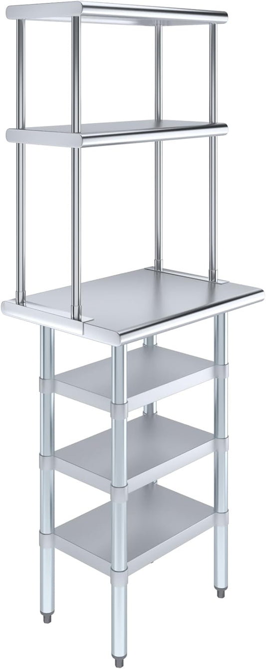 Amgood 18" x 24" Stainless Steel Work Table with 3 Shelves and 12" Wide Double Tier Overshelf | Metal Kitchen Prep Table & Shelving Combo | NSF