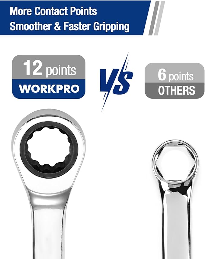 WORKPRO 1/2" Ratcheting Combination Wrench SAE, CR-V Constructed with Mirror Polish Chrome Plating, 12-Point Design, 15-Degree Offset
