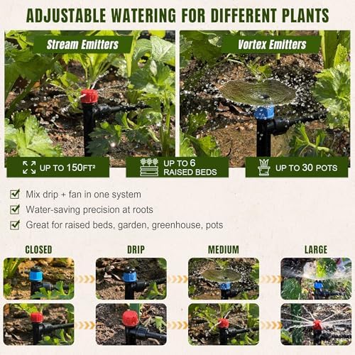 Push-to-Connect Drip Irrigation System Kit, Complete Premium Garden Watering System with 50FT 1/2" Mainline, Leak-Resistant Quick Connect Fittings, Adjustable Drip Emitters for Raised Beds, Greenhouse