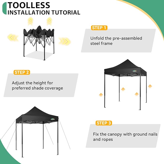 COBIZI 6.6x6.6 Heavy Duty Pop up Canopy Tent Without Sidewalls, Easy Set-up Commercial Outdoor Party Tent, 100% Waterproof Wedding Canopy Gazebo, 3 Height Adjustable with Carry Bag, Black