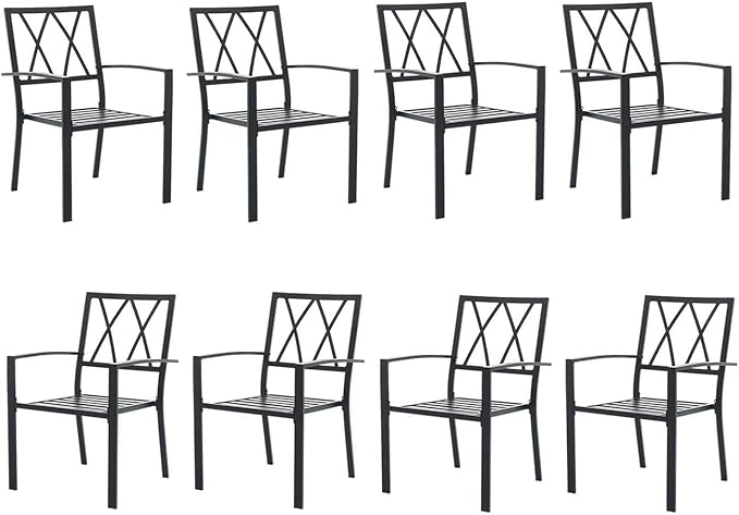 Outdoor Dining Chairs Set of 8, Metal Frame Stackable Patio Dining Chairs with Armrest, Wrought Iron Patio Bistro Chairs for Lawn, Backyard, Garden, Porch