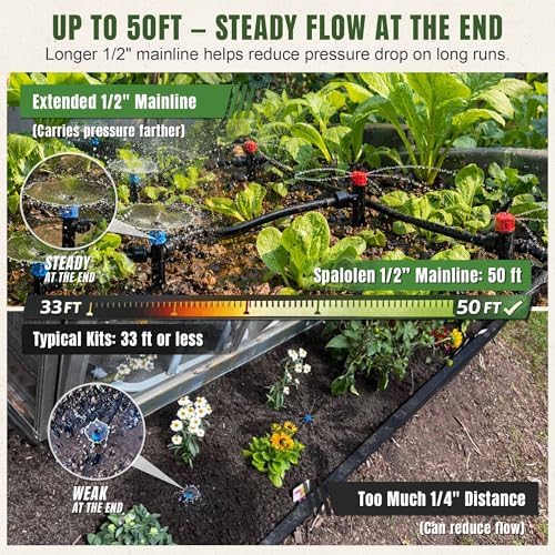 Push-to-Connect Drip Irrigation System Kit, 2-Zone Garden Watering System with 50FT 1/2" Mainline, Leak-Resistant Quick Connect Fittings, Adjustable Emitters for Raised Beds, Greenhouse