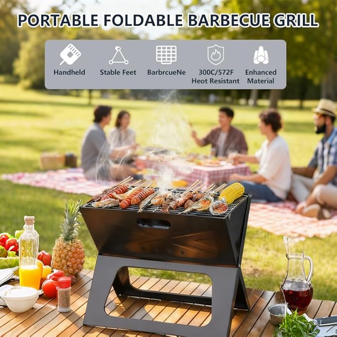 Protable Folding Barbecue Charcoal Grills,Small Tabletop Charcoal Grill with Stainless Steel Smoker BBQ for Outdoor Barbecues,Camping,Garden,Beach Party,Picnics - Black,kkk