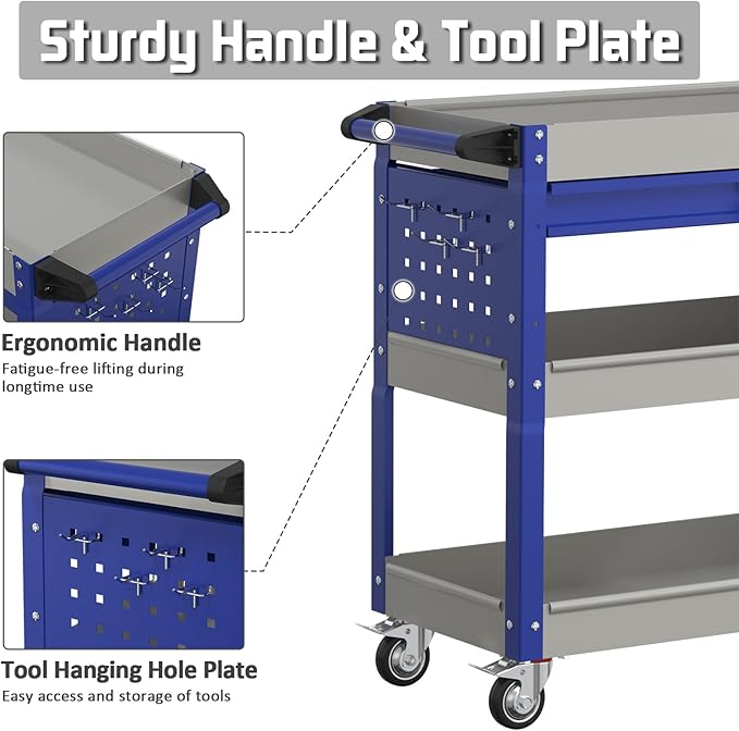 3 Tray Rolling Tool Cart, 400 LBS Capacity Mechanic Tool Carts on Wheels, Heavy Duty Utility Cart with Drawers, Metal Work Cart for Garage, Warehouse and Repair Shop, GrayBlue