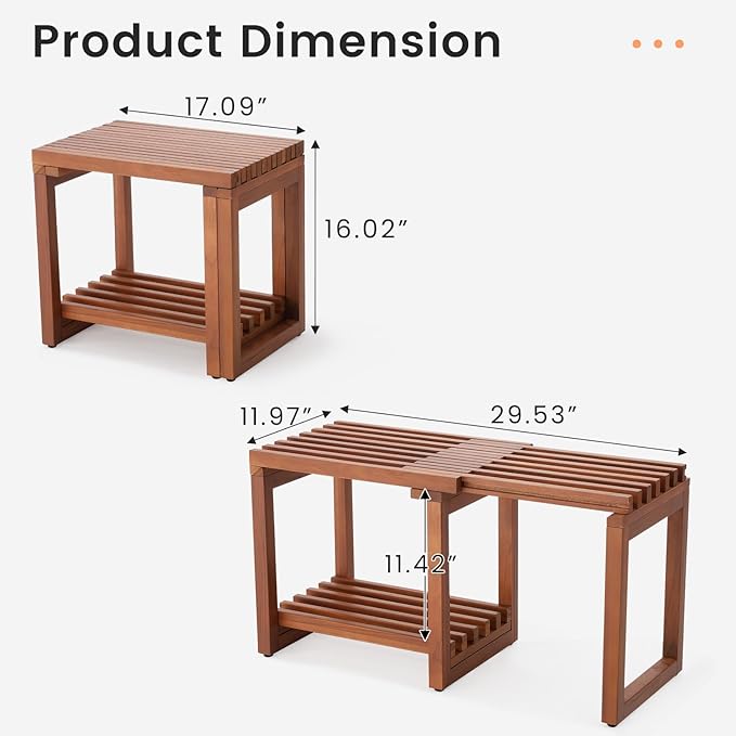 EROMMY Adjustable Length 29 Inches Shower Stool for Inside Shower, Waterproof Bench with Storage Shelf, Teak Shower Bench for Sitting, Shelving Legs, Spa Use, Shower Chair for Adults Seniors Elderly