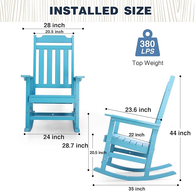 Rocking Chairs Set of 2, All Weather Resistant Poly Lumber Outdoor Porch Rocker, Rocking Chairs for Outdoor, Indoor, Patio, Deck, Garden, Backyard, Load Bearing 380 lbs - Lake Blue