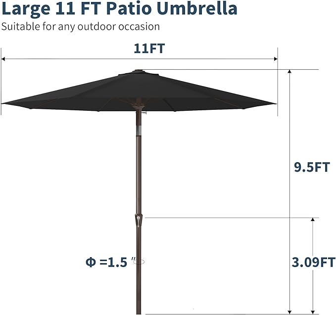 PatioKingdom 11FT Patio Umbrella,Outdoor Umbrella with Push Button Tilt and Crank,Market Table Umbrella with 8 Sturdy Fiberglass Ribs UV Protection(Black, 11FT)