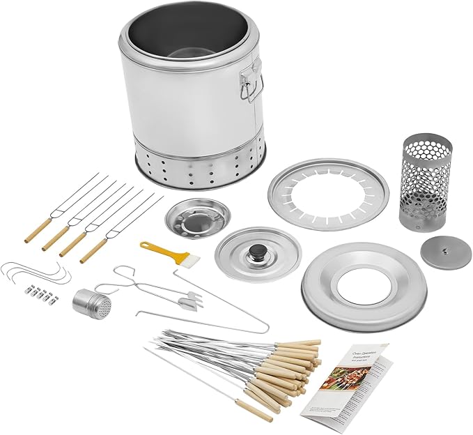 Portable Barbecue Charcoal Barrel Grill, Stainless Steel Surround Charcoal Kebab Grill with 20 Skewers for Travel Camping Picnic Patio Backyard
