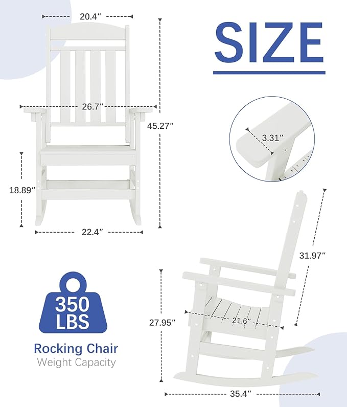 FOOWIN 3-Piece Outdoor Rocking Chairs Set, High Back Patio Rocker with Side Table, HDPE All Weather Resistant Oversized Rocking Chairs for Indoors, Porch, Patio, Backyard, White