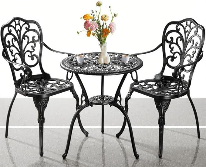 3 Piece Patio Bistro Set, Cast Aluminum Bistro Table and Chairs Set of 2 with 1.97" Umbrella Hole, All Weather Bistro Table Set Outdoor Patio Furniture for Garden, Backyard, Pool