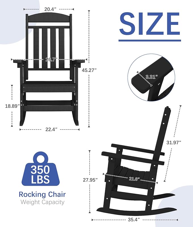 FOOWIN Outdoor Rocking Chair, High Back Patio Rocking Chair, HDPE All Weather Resistant Porch Rocker for Adult, Rocking Chairs for Outdoor, Indoor, Patio, Deck, Garden (Set of 1, Black)