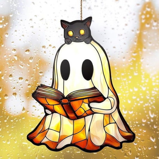 Reading Ghost Christmas Ornament Spooky Bookish Acrylic Suncatcher for Halloween Stained Glass Effect Window Hanging for Book Lover Reading Nook Decor Gift for Librarian Readers