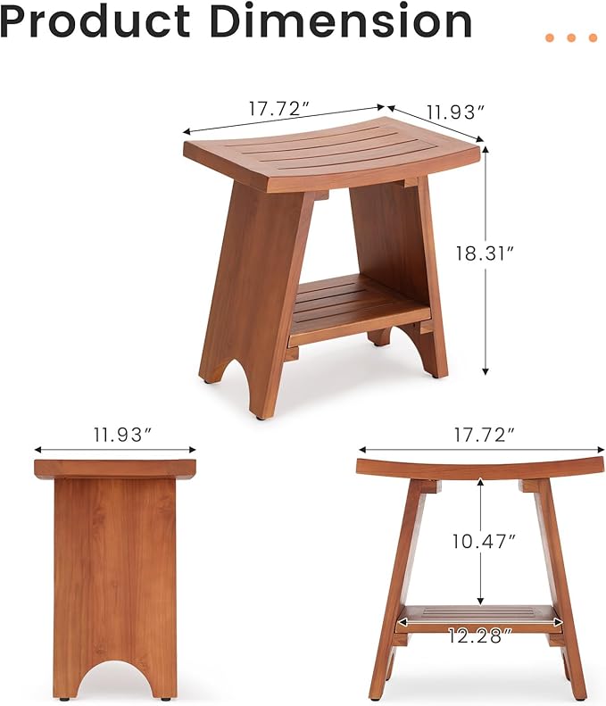 EROMMY 18" Teak Shower Bench with Storage Shelf, Solid Teak Wood Shower Seat, Waterproof Shower Stool for Shaving Legs, Heavy Duty Shower Chair for Inside Shower Bathroom Indoor Outdoor Patio Pool