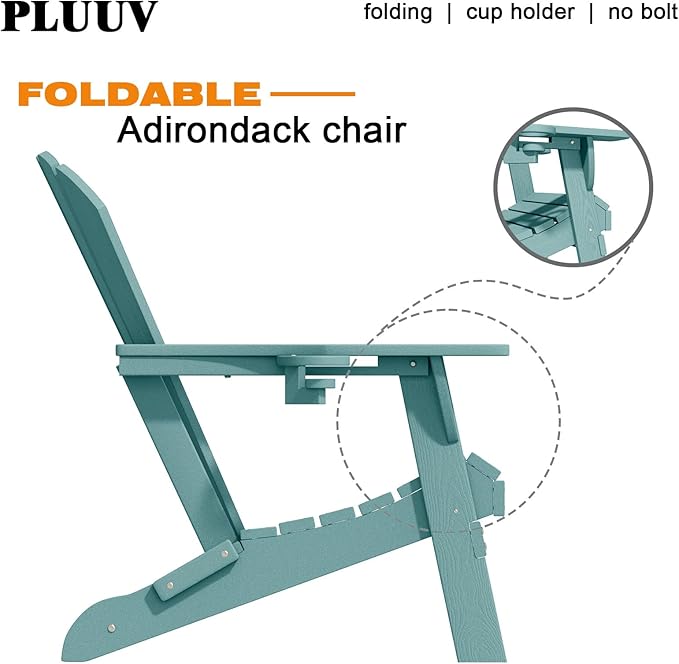 Folding Adirondack Chairs with Cup Holders, Set of 6 HDPE Plastic Outdoor Chairs, Weather Resistant, Real Wood Look, Heavy-Duty Patio Furniture for Deck, Fire Pit, Backyard, Aruba Blue