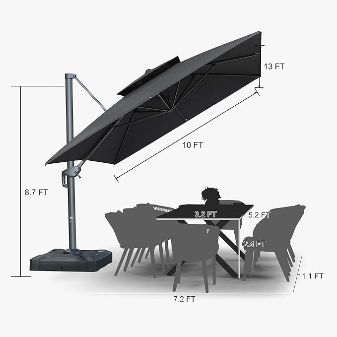 PURPLE LEAF 10' X 13' Double Top Cantilever Patio Umbrella Deluxe Large Outdoor Umbrella Rectangle Offset Umbrella with Fade Resistance for Garden Deck Pool Patio, Graphite Grey