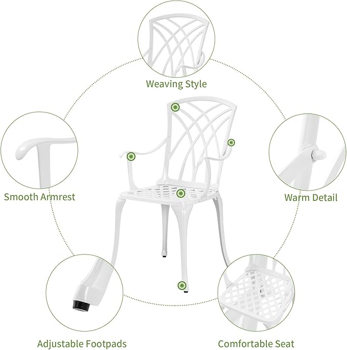 Cast Aluminum Bistro Table and Chairs Set of 2 with 1.97" Umbrella Hole,Weather Resistant 3 Piece Bistro Patio Set Outdoor Patio Furniture Set for Front Porch,Garden,Woven White