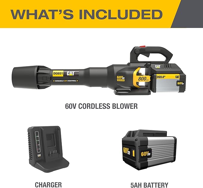 Cat DG651 60V 800 CFM 170 MPH High-Powered Leaf Blower Cordless, Adjustable Speed Blowers for Lawn Care, Lightweight Cordless Leaf Blower with Variable Air Control – Battery & Charger Included