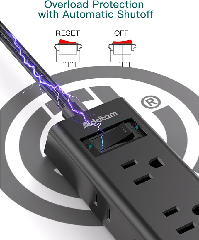 Flat Extension Cord 10 ft - Addtam Flat Plug Power Strip with 6 Outlets Extender, No Surge Protector for Cruise Ship, Dorm Room Travel Essentials, Black