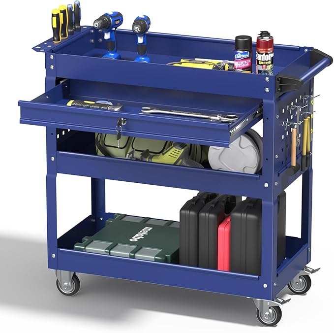 3 Tray Rolling Tool Cart, 400 LBS Capacity Mechanic Tool Carts on Wheels, Heavy Duty Utility Cart with Drawers, Metal Work Cart for Garage, Warehouse and Repair Shop, Blue