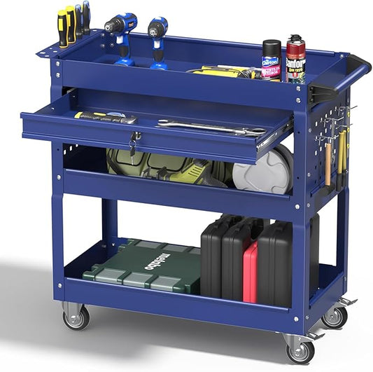 3 Tray Rolling Tool Cart, 400 LBS Capacity Mechanic Tool Carts on Wheels, Heavy Duty Utility Cart with Drawers, Metal Work Cart for Garage, Warehouse and Repair Shop, Blue