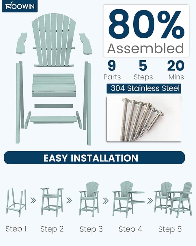 FOOWIN Tall Adirondack Chair Set of 2, All Weather HDPE Bar Height Adirondack Chair with Double Connecting Trays, Adirondack Barstools for Balcony, Deck, Backyard, Patio, Garden Aruban Blue