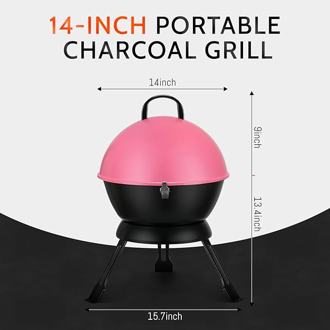 14-Inch Portable Barbecue Grill,Outdoor Small Grill with Dual Venting System and Warming Rack for Picnic, Camping, Backyard,Pink