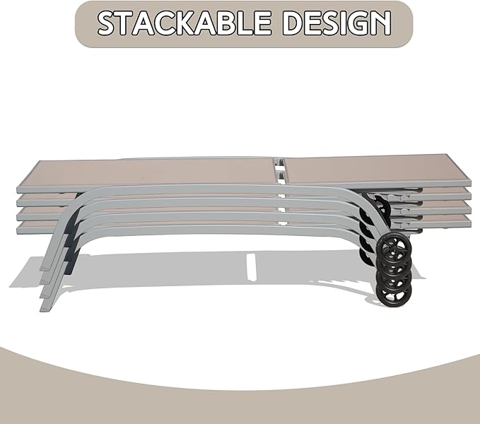 Domi Pool Lounge Chairs Set of 3, Adjustable Aluminum Outdoor Chaise Lounge with Wheels Patio Lounge Chairs with Side Table, All Weather for Deck Lawn Poolside Backyard-Khaki Textilene