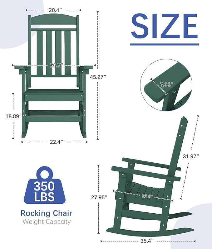 FOOWIN Outdoor Rocking Chair Set of 6, High Back Patio Rocking Chair, HDPE All Weather Resistant Porch Rocker for Adult, Oversized Rocking Chairs for Garden, Lawn, Indoor & Outdoor Use, Dark Green