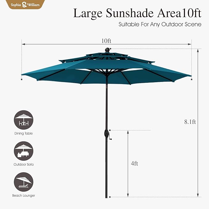 Sophia & William 10ft 3 Tier Auto-tilt Patio Umbrella, Outdoor Double Vented Umbrella with Crank, Cyan-blue