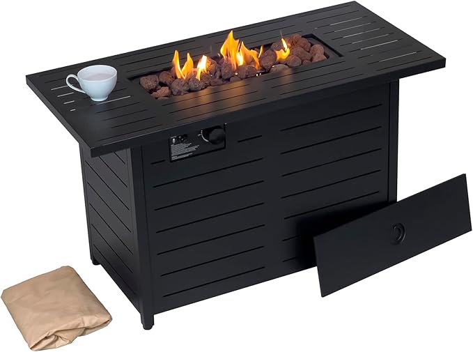 Kinger Home 42-Inch Ore Outdoor Propane Fire Pit Table 50000 BTU, CSA Certified, Powder-Coated Stainless Steel Patio Firepit with Lava Rocks, Black